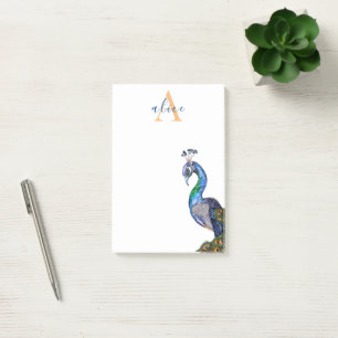 Elegant Watercolor Peacock Monogram Post-it Notes