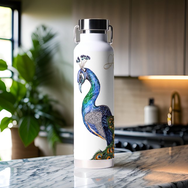 Elegant Watercolor Peacock Monogram Water Bottle (Creator Uploaded)