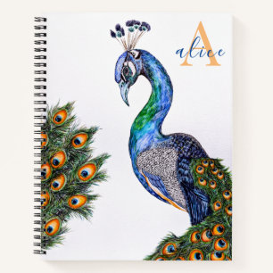 Elegant Watercolor Peacock Monogram White Notebook