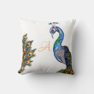 Elegant Watercolor Peacock Monogram White Throw Pillow