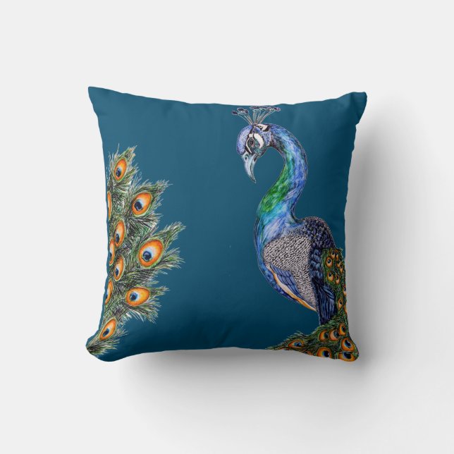 Elegant Watercolor Peacock Navy Throw Pillow (Front)