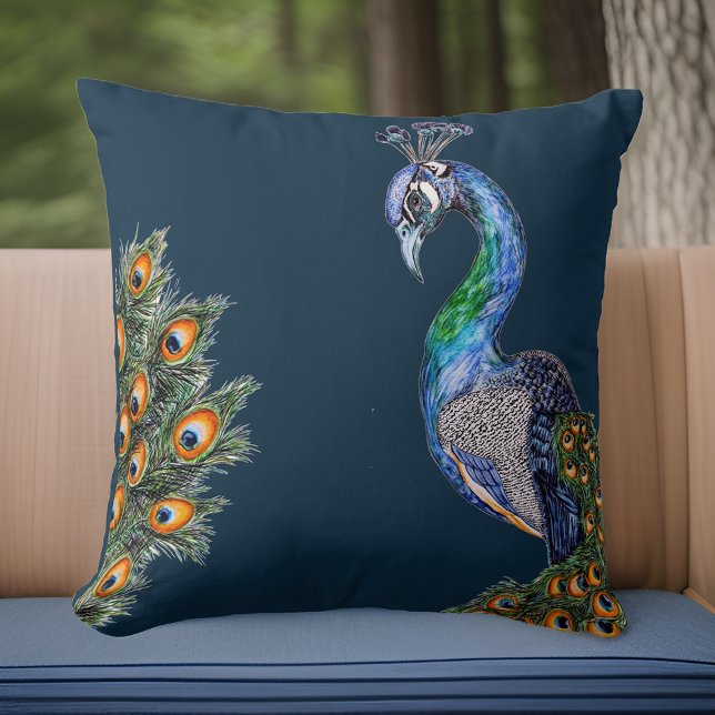 Elegant Watercolor Peacock Navy Throw Pillow (Creator Uploaded)