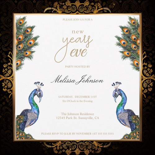 Elegant Watercolor Peacock New Years Eve Party Invitation