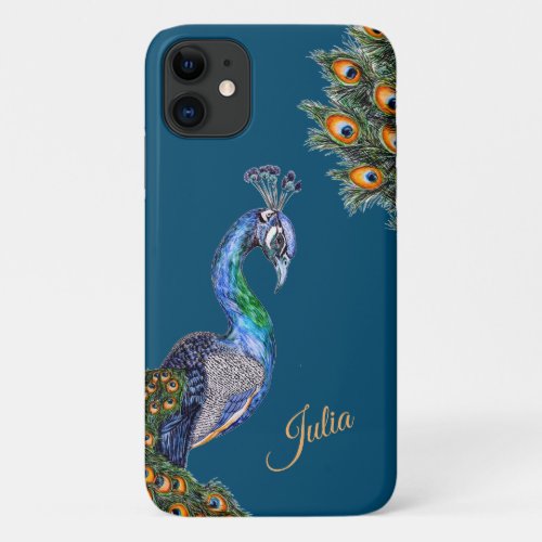 Elegant Watercolor Peacock Personalized iPhone 11 Case