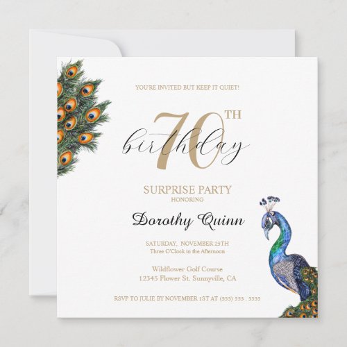 Elegant Watercolor Peacock Surprise Birthday Party Invitation