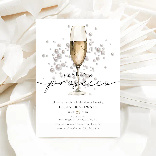 Elegant Watercolor Pearls & Prosecco Bridal Shower Invitation | Zazzle