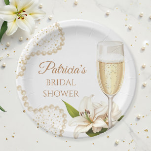 Elegant Watercolor Pearls & Prosecco Bridal Shower Paper Plates