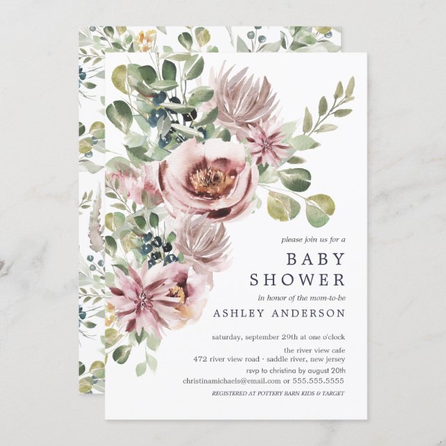 Elegant Watercolor Peonies Floral Baby Shower Invitation (Front/Back)