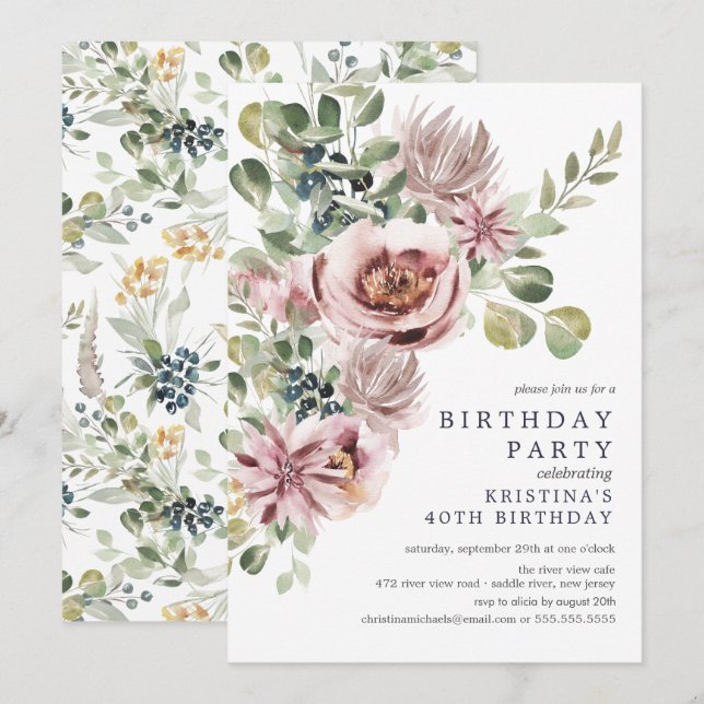 Elegant Watercolor Peonies Floral Birthday Party Invitation (Front/Back)