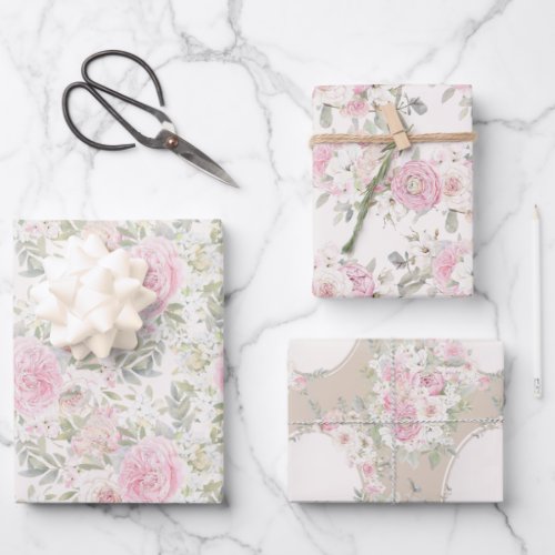 Elegant Watercolor Peonies  Roses Floral Wedding Wrapping Paper Sheets