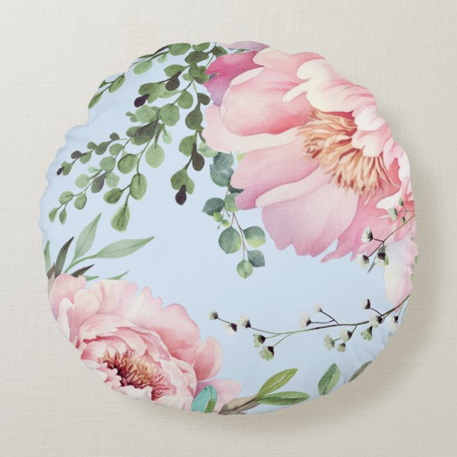 Elegant Watercolor Peonies Round Pillow (Front)
