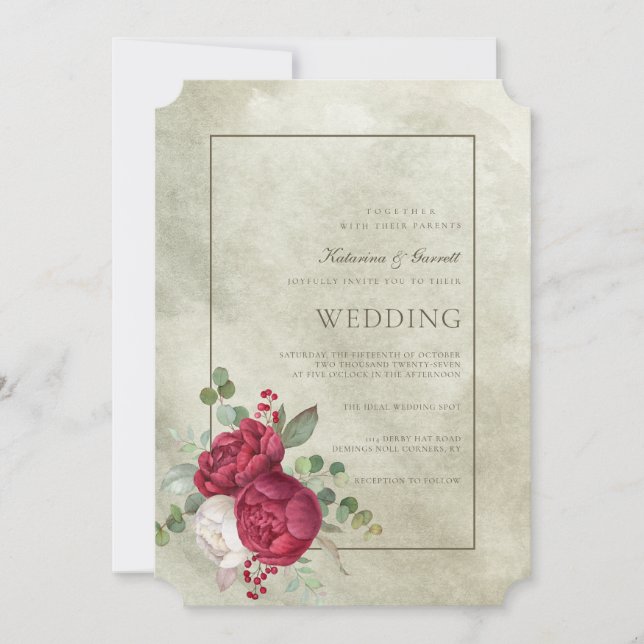 Elegant Watercolor Peonies Sage Green Wedding Invitation (Front)