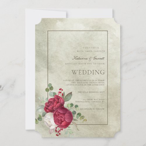 Elegant Watercolor Peonies Sage Green Wedding Invitation