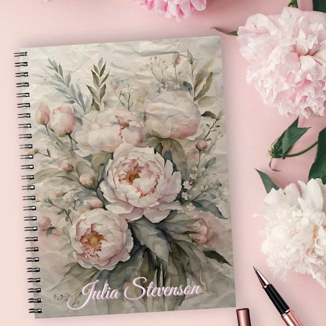 Elegant Watercolor Peonies with Pastel Greenery Notebook (Creator Uploaded)