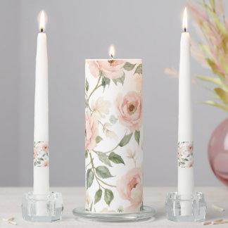 Elegant Watercolor Peony and Rose Floral Pattern Unity Candle Set