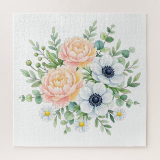 Elegant watercolor peony and white anemone floral jigsaw puzzle