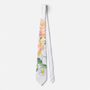 Elegant watercolor peony and white anemone floral neck tie