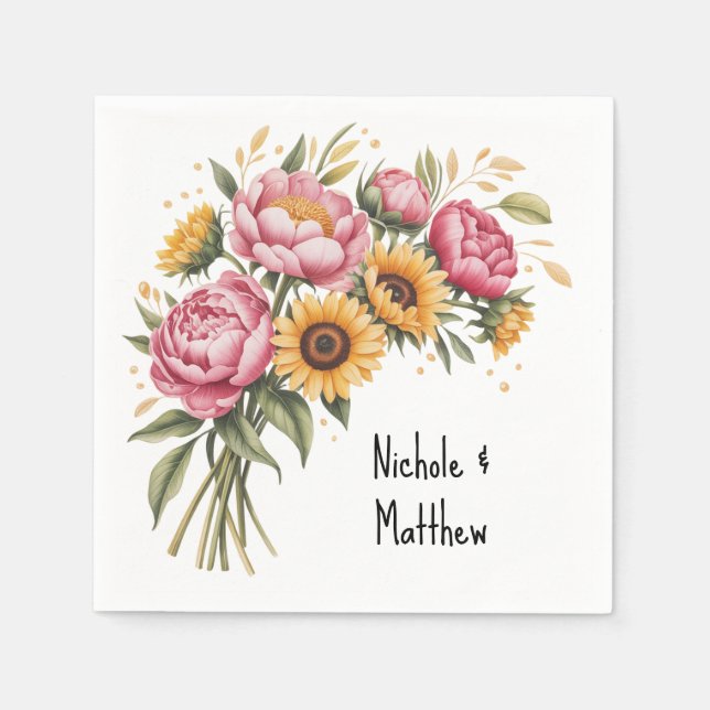 Elegant Watercolor Peony Bouquet Wedding Napkins (Front)