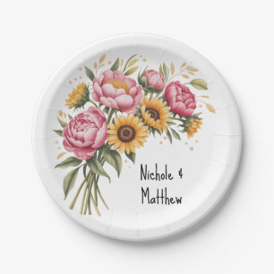 Elegant Watercolor Peony Bouquet Wedding Paper Plates