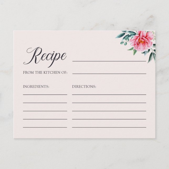 Elegant Watercolor Peony Bridal Shower Recipe Card (Front)