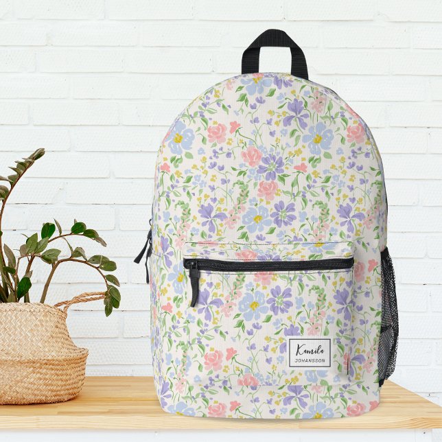 Elegant Watercolor Peony Flowers Monogram Printed Backpack (Creator Uploaded)