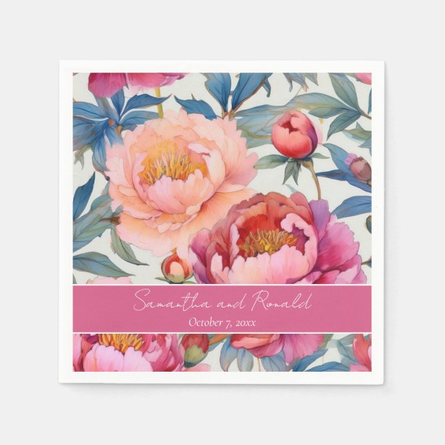 Elegant Watercolor Peony Flowers Wedding Napkins (Front)