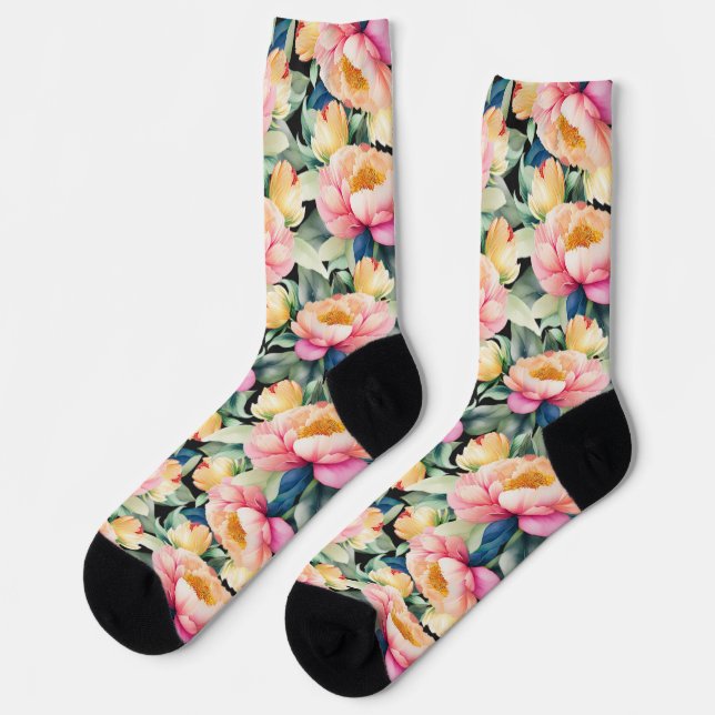 Elegant Watercolor Peony on Black Socks (Left)