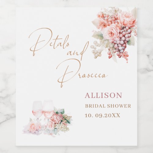 Elegant Watercolor Petals and Prosecco Bridal Show Wine Label