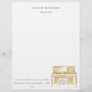 Elegant Watercolor Piano Musician Music Teacher Letterhead