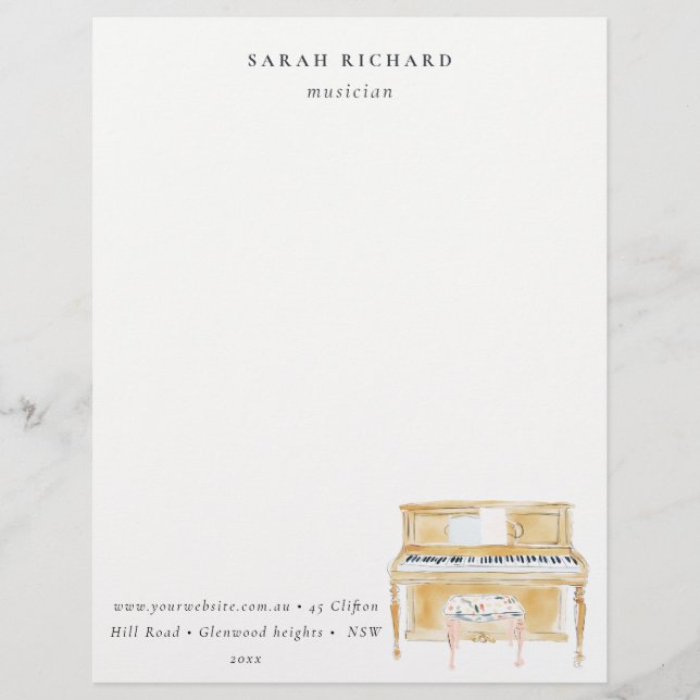 Elegant Watercolor Piano Musician Music Teacher Letterhead (Front)