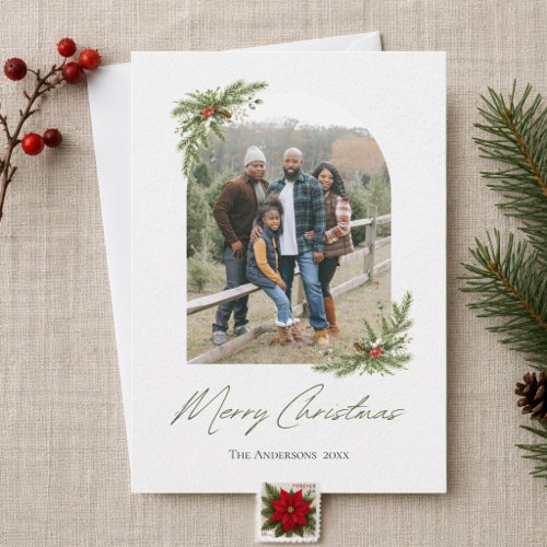 Elegant Watercolor Pine Arch Christmas Photo Holiday Card