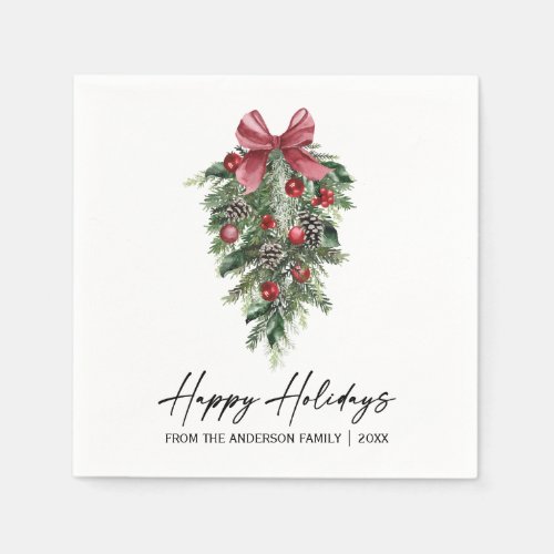 Elegant Watercolor Pine Calligraphy Ink Holiday Napkins