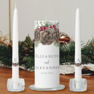 Elegant Watercolor Pine Christmas Wedding Unity Candle Set
