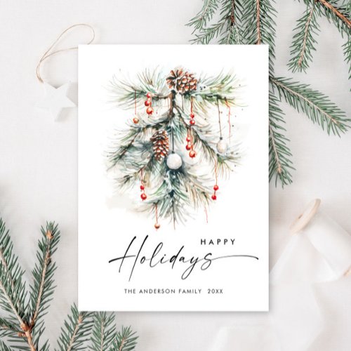 Elegant Watercolor Pine Cones Branch Christmas Holiday Card