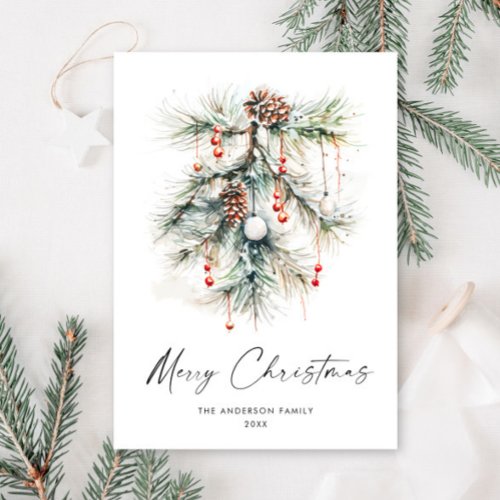 Elegant Watercolor Pine Cones Branch Christmas Holiday Card