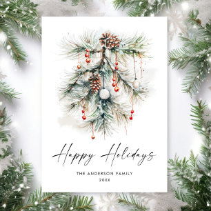 Elegant Watercolor Pine Cones Branch Christmas Holiday Card