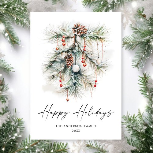 Elegant Watercolor Pine Cones Branch Christmas Holiday Card