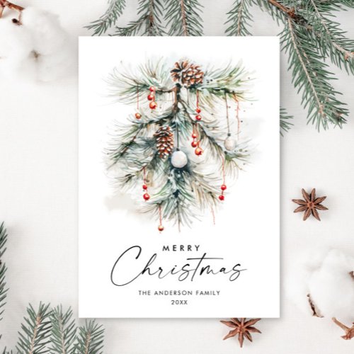 Elegant Watercolor Pine Cones Branch Christmas Holiday Card