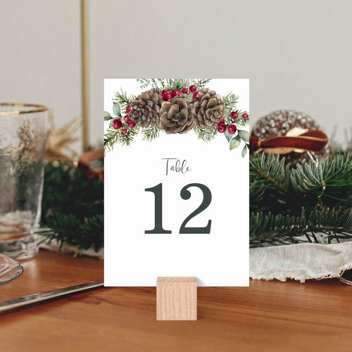Elegant Watercolor Pine Cones Christmas Wedding Table Number