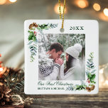 Elegant Watercolor Pine Couple First Christmas Ceramic Ornament<br><div class="desc">Elegant Watercolor Pine Cone Greenery and Holly Berries Our First Christmas Couple Photo Ornament</div>