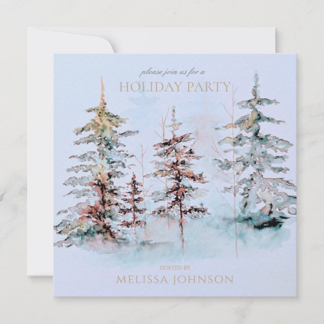 Elegant Watercolor Pine Forest Christmas Party Invitation (Front)