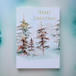 Elegant Watercolor Pine Forest Merry Christmas Foil Holiday Card