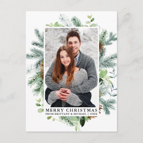Elegant Watercolor Pine Frame Couple Christmas Postcard