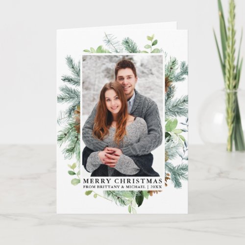 Elegant Watercolor Pine Frame Couple Photo Fold Holiday Card
