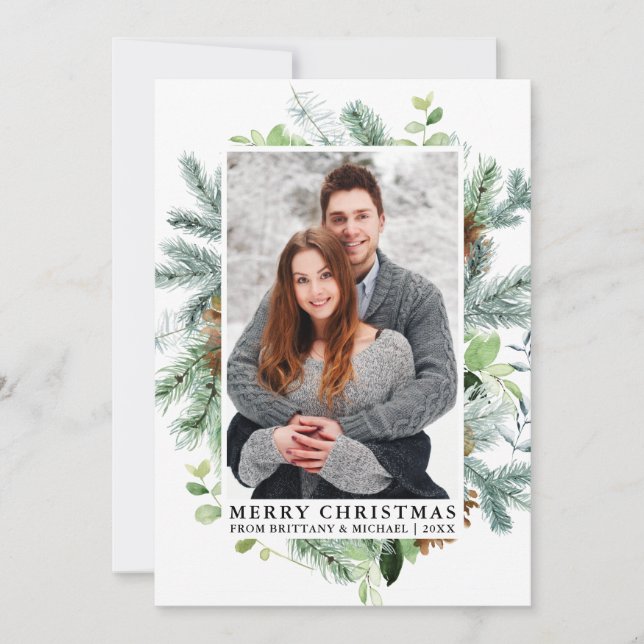 Elegant Watercolor Pine Frame Couple Photo Holiday Card (Front)