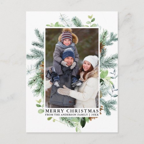 Elegant Watercolor Pine Frame Family Christmas Postcard