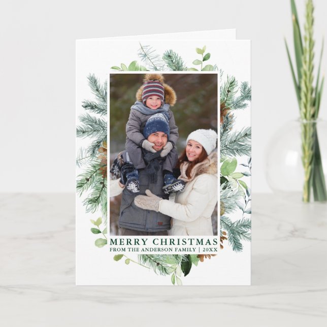 Elegant Watercolor Pine Frame Family Fold Green Holiday Card (Front)