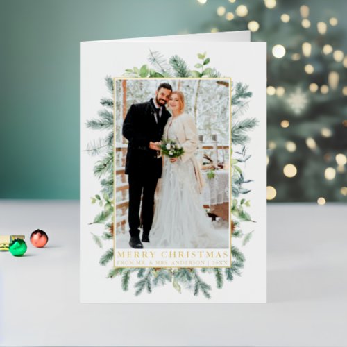Elegant Watercolor Pine Frame Newlywed Gold Foil Holiday Card