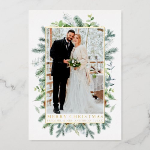 Elegant Watercolor Pine Frame Newlyweds Gold  Foil Holiday Card