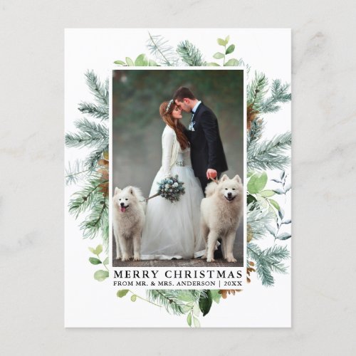 Elegant Watercolor Pine Frame Wedding Christmas Postcard